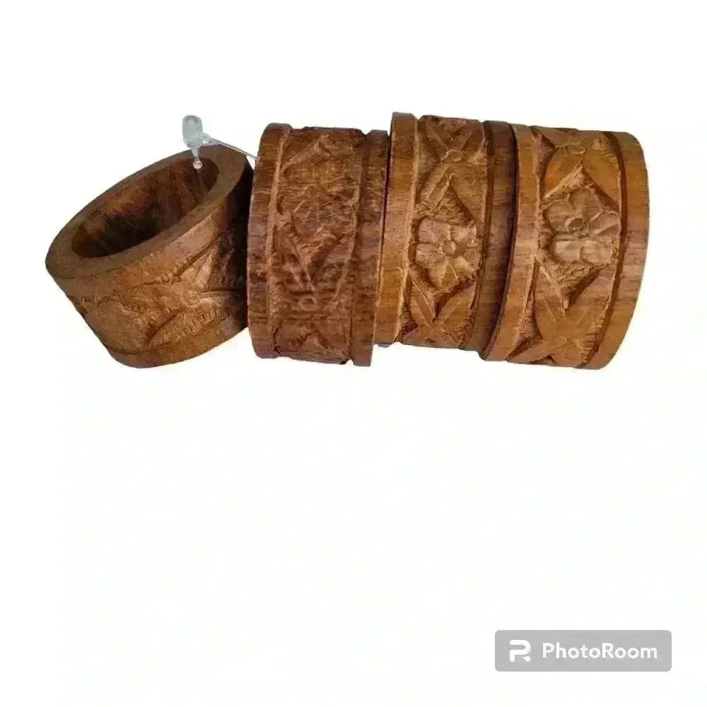 Wooden Napkin Holders Napkin Rings Hand Carved India Vintage Set of 4